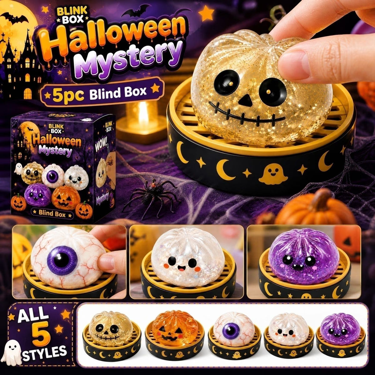 Mystery Halloween Ghost Dumpling Squishy,Colorful Cute Bao Dumplings Squeeze Balls Stress Relief Sensory for Holiday