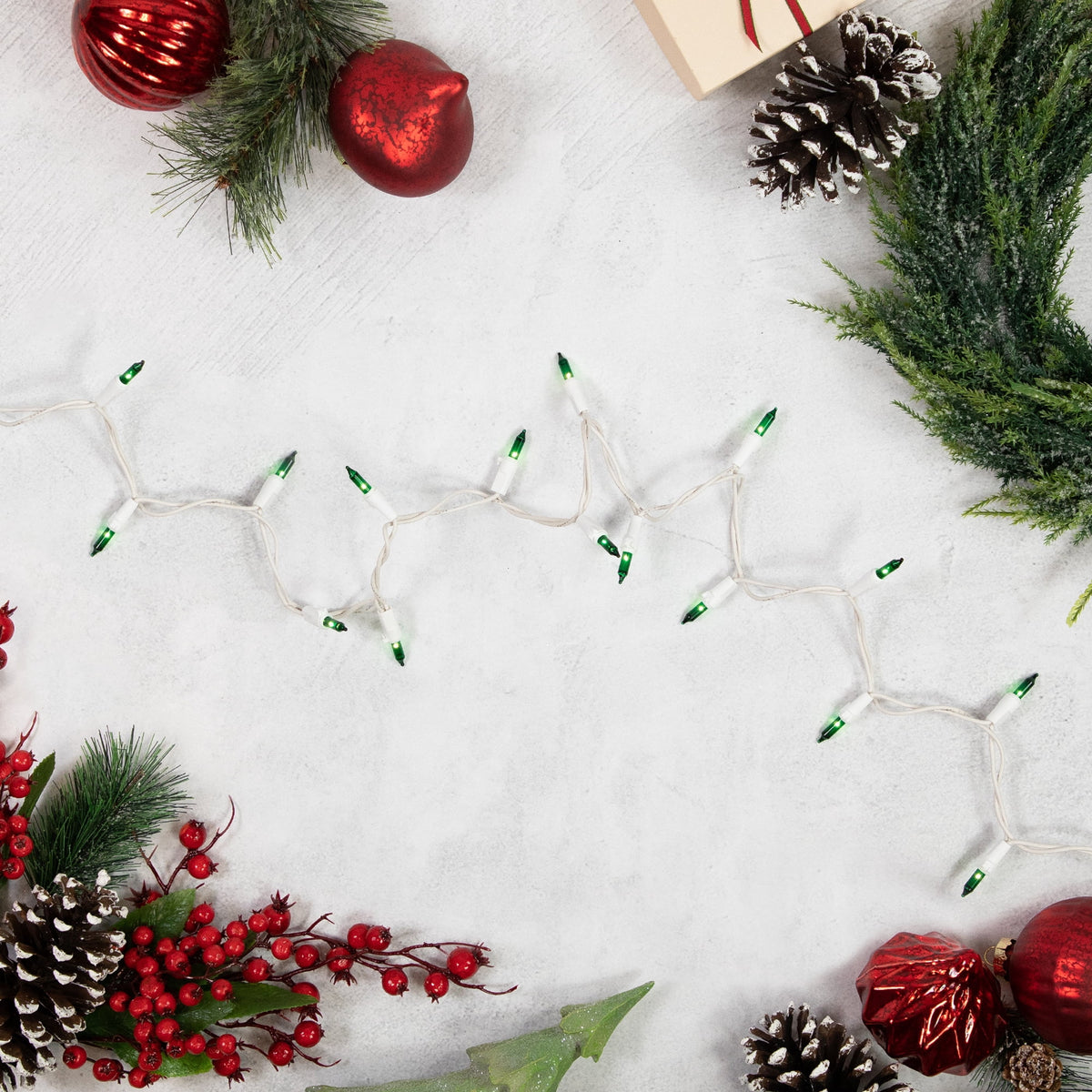 Mini Incandescent Christmas Lights, Green, 50 Count, White Wire