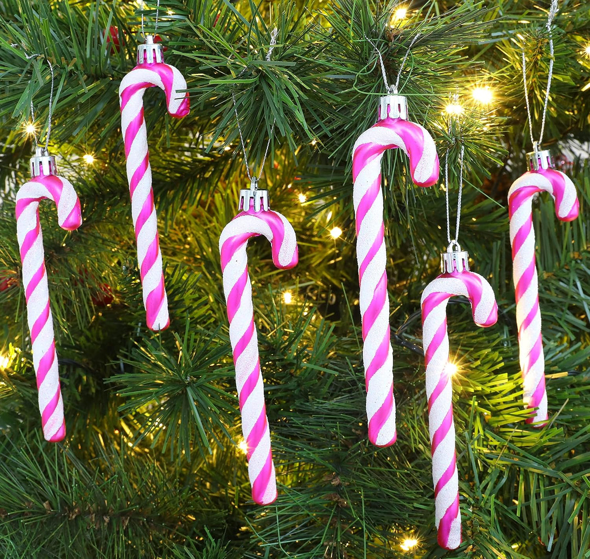 Glitter Candy Cane Ornaments, Hot Pink, Pack of 6