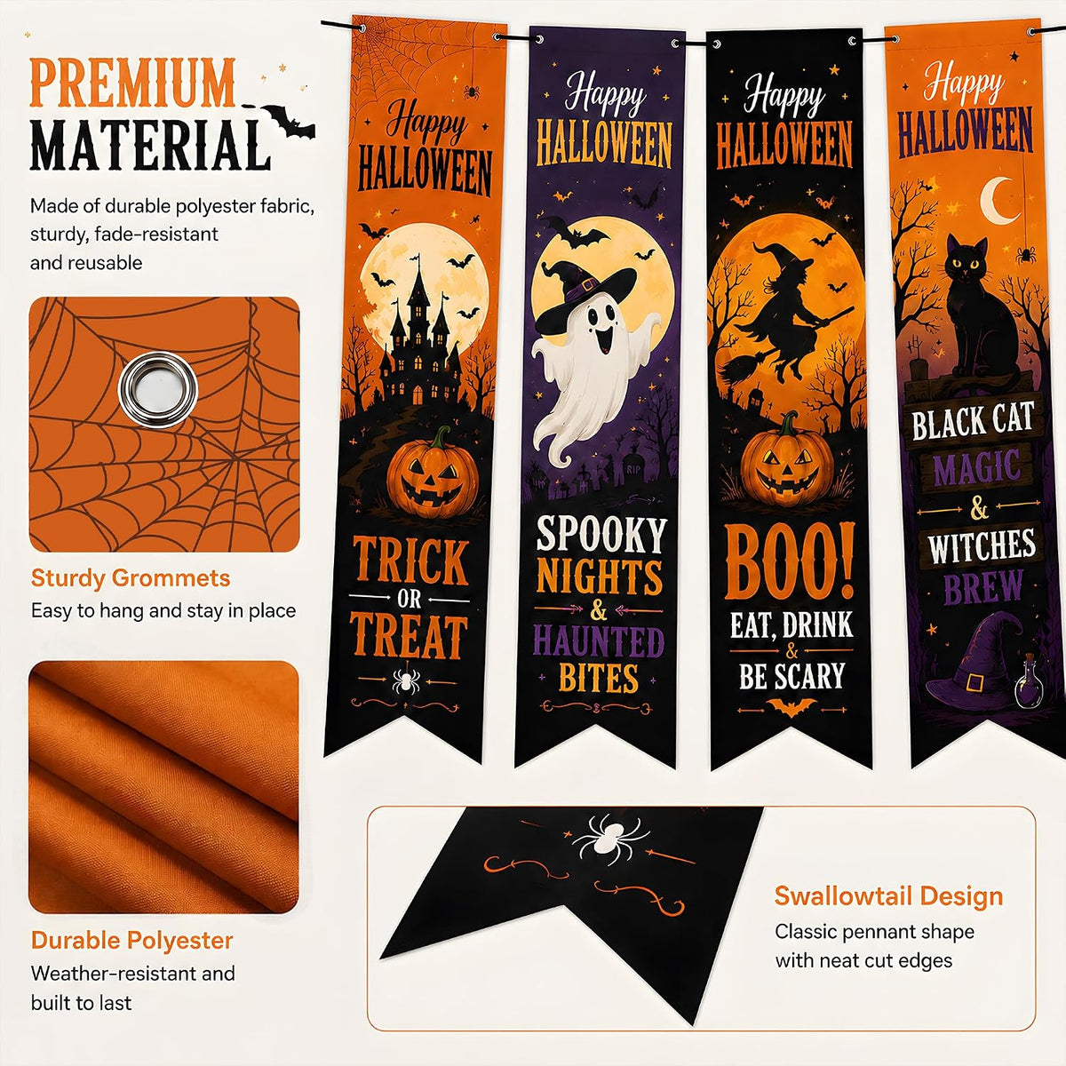 Halloween Decorations - 4 PCS Vertical Happy Halloween Hanging Banners