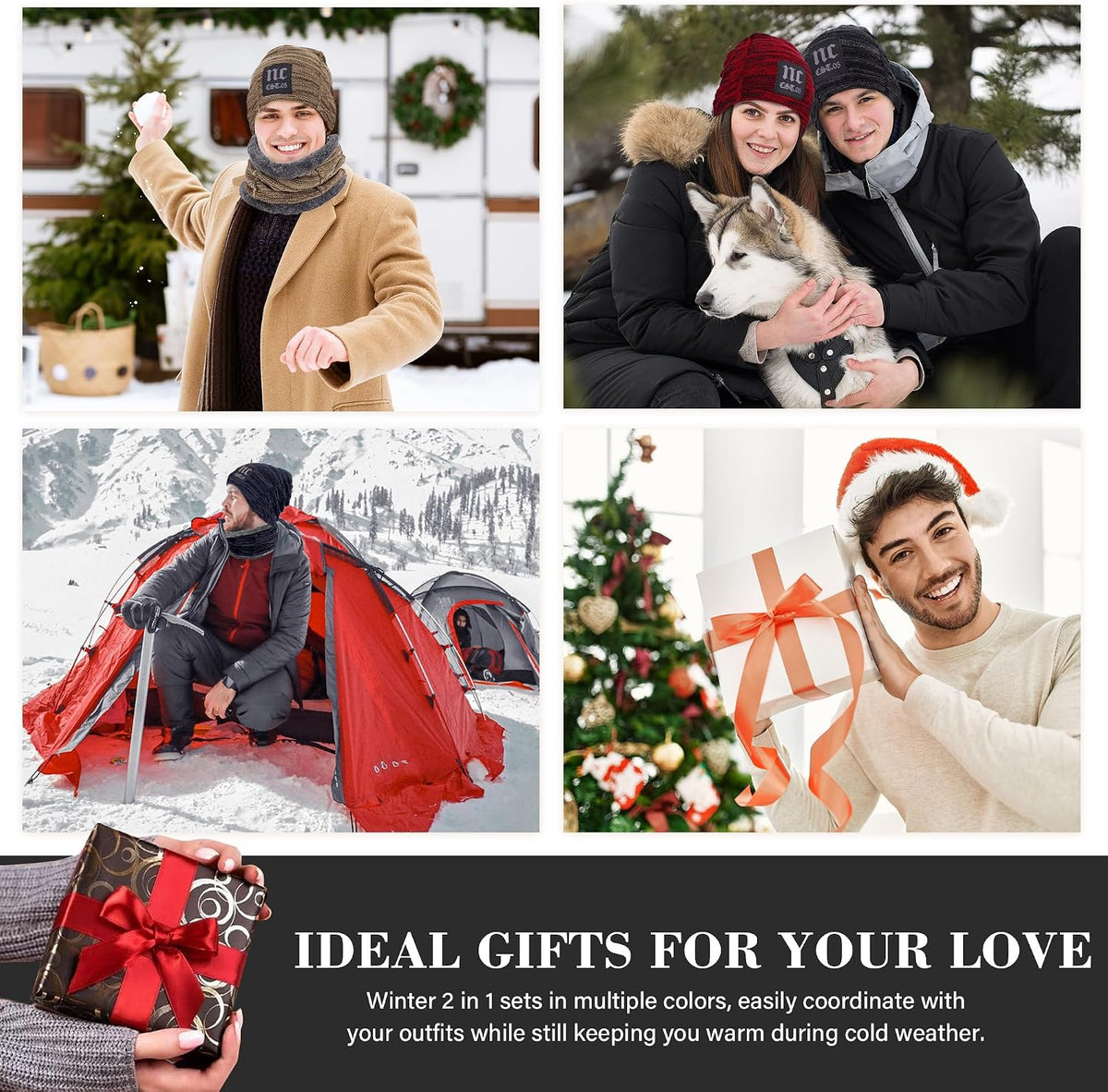 Mens Womens Winter Beanie Hats Warm Neck Warmer Scarf Set