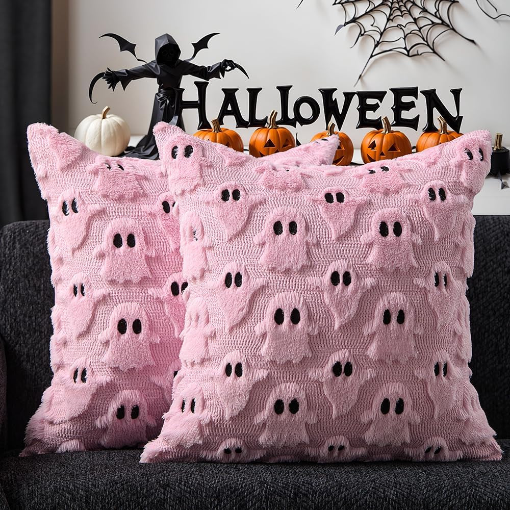 Halloween Pillow Covers 18X18 Inch 2Pcs Pink Ghost Halloween Decor