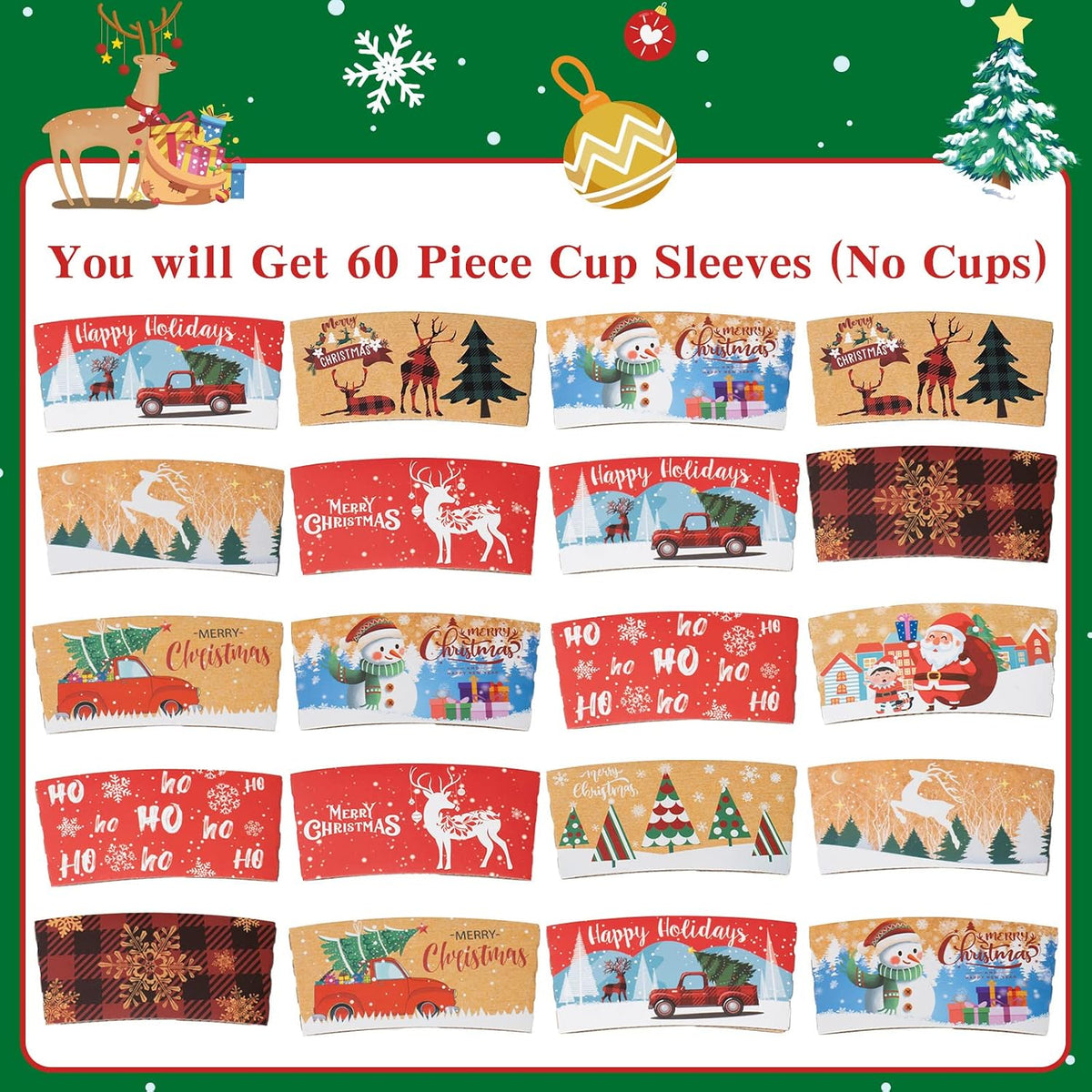 Christmas Coffee Cup Sleeves Disposable Hot Chocolate Cocoa Paper Cup Sleeve 60 Pack Double-Layer Corrugated Insulated Paper Jacket for 12Oz to 20Oz, 10 Designs