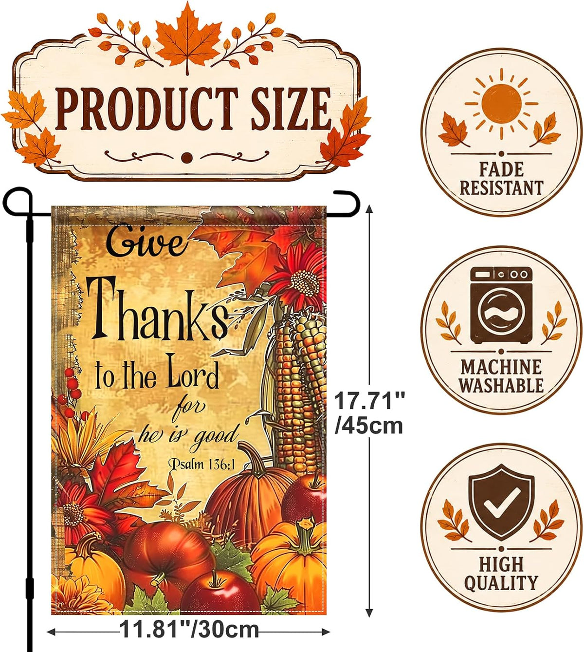Thanksgiving Garden Flag Give Thanks Pumpkin Harvest 12X18 Inch