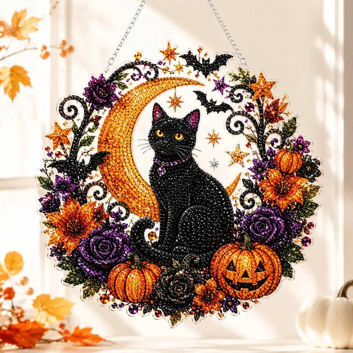 9.8In Shiny Acrylic Safe Diamond Art Hanging Suncatcher Kit - Witch, Black Cat, Ghost Reading, Pumpkin Designs - DIY Rhinestone Ornament, Wall, Outdoor Indoor Decorative, Cute Halloween Stuff, Ghost Decor Gift for Kids