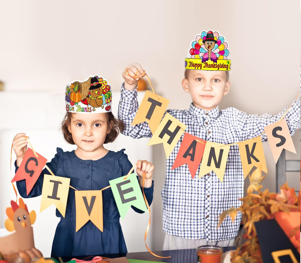 Thanksgiving Coloring Turkey Crowns Hats 24PCS Fall Thanksgiving Turkey Headbands Crafts for Kids