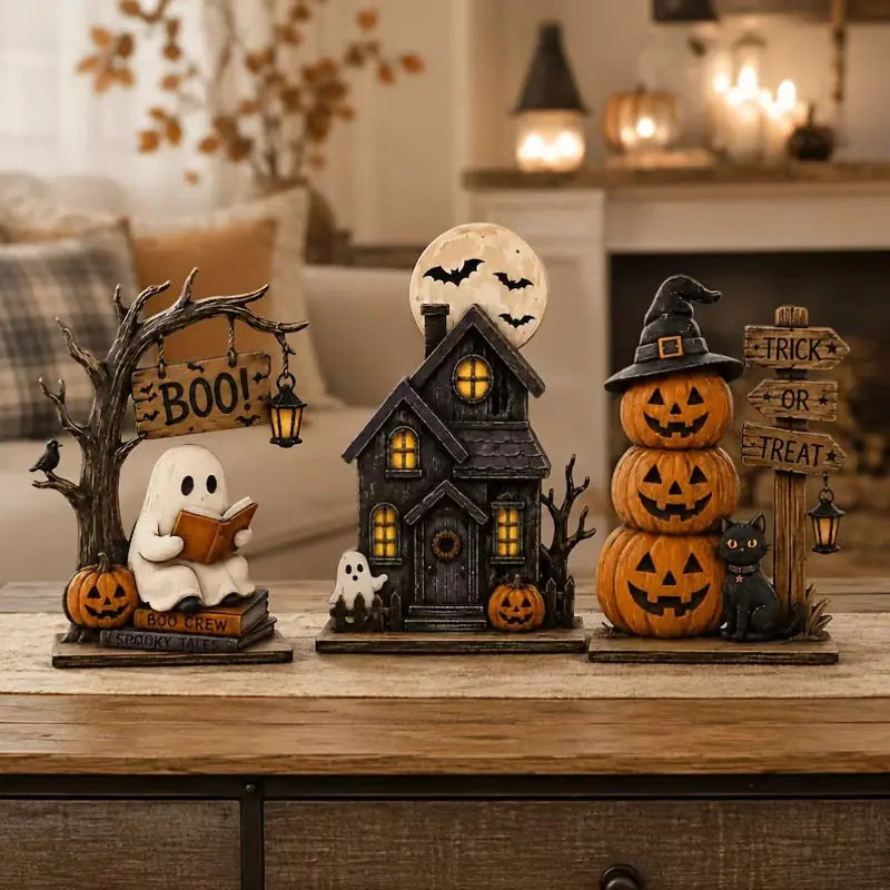 Vintage Halloween Tabletop Decor Set of 3, Resin Spooky Ornaments with Ghost, Haunted House, Stacked Pumpkin & Black Cat Figurines, Trick or Treat Sign, Fall Harvest Decor, Spooky Season Desktop Centerpiece for Home Mantel Shelf Decoration