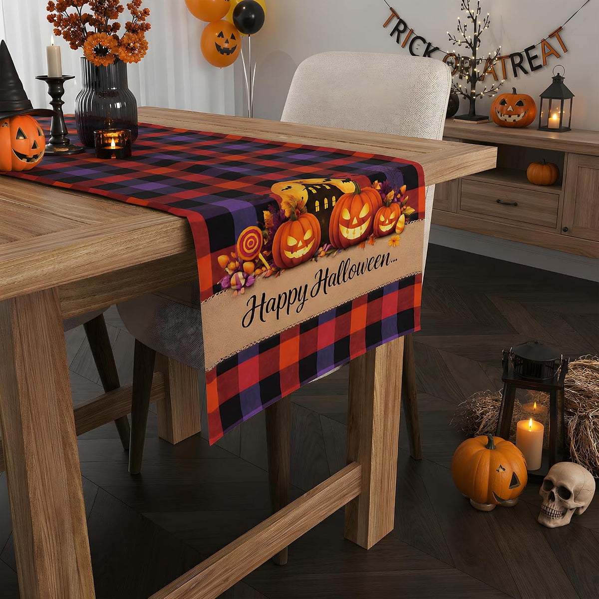 Halloween Decorations - Happy Halloween Checkered Table Runner | Halloween Party Favors Home Decor - Halloween Tablecloth Backdrop for Fall Kitchen Dining Indoor Outdoor Decorations
