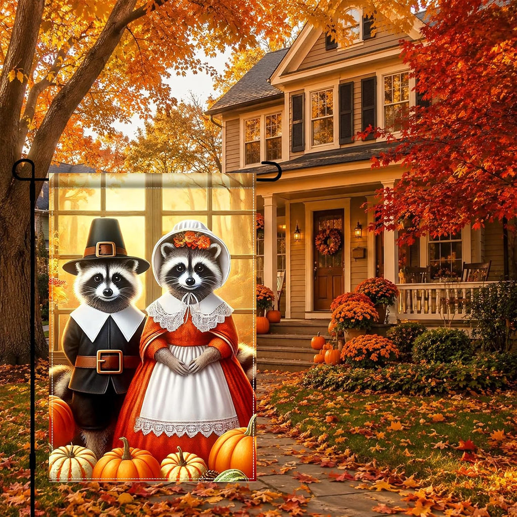 Thanksgiving Fall Garden Flag Raccoon Pumpkin 12X18 Inch Decor