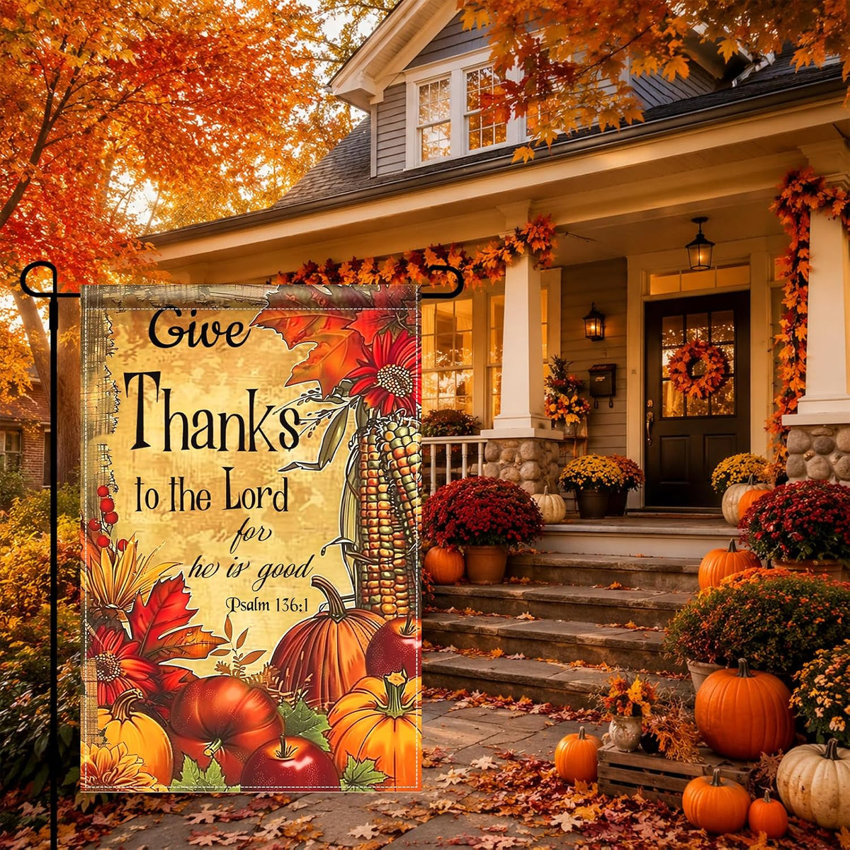 Thanksgiving Garden Flag Give Thanks Pumpkin Harvest 12X18 Inch