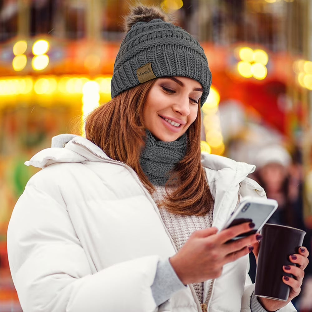 3 Pcs Women Winter Hat and Gloves Sets, Beanies Knit Classic Neck Warmer and Touchscreen Gloves Gray