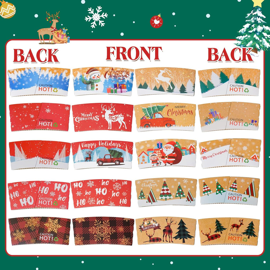 Christmas Coffee Cup Sleeves Disposable Hot Chocolate Cocoa Paper Cup Sleeve 60 Pack Double-Layer Corrugated Insulated Paper Jacket for 12Oz to 20Oz, 10 Designs