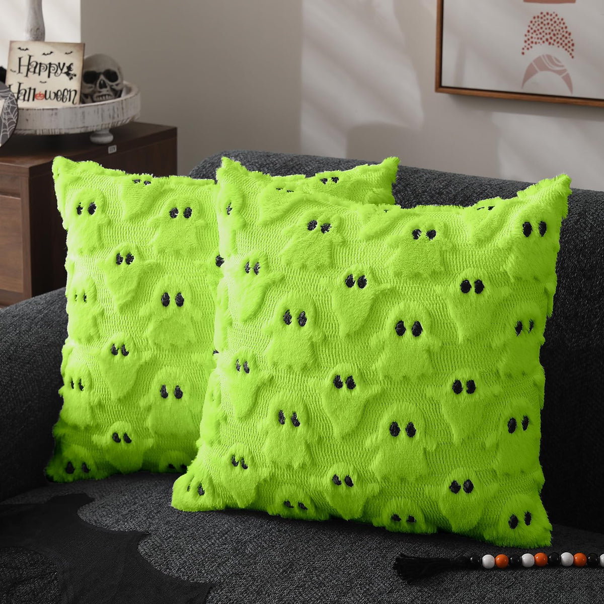 Halloween Pillow Covers 16X16 Inch 2Pcs Green Ghost Halloween Decor