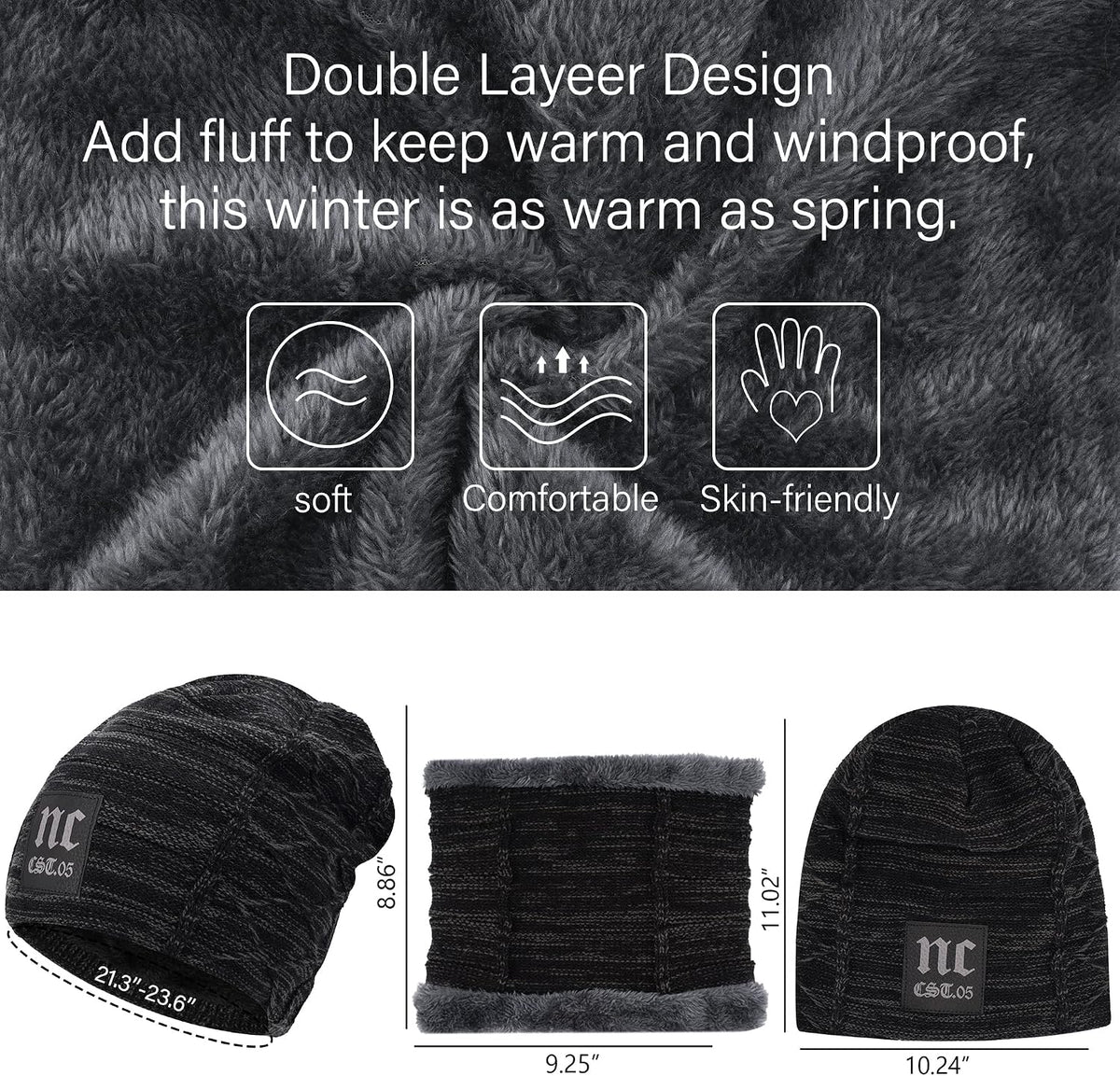 Mens Womens Winter Beanie Hats Warm Neck Warmer Scarf Set