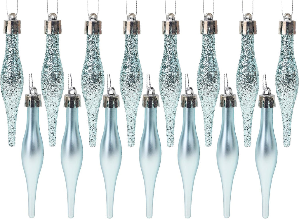 Droplet Baubles, Matte & Glitter, Ice Blue, Pack of 15
