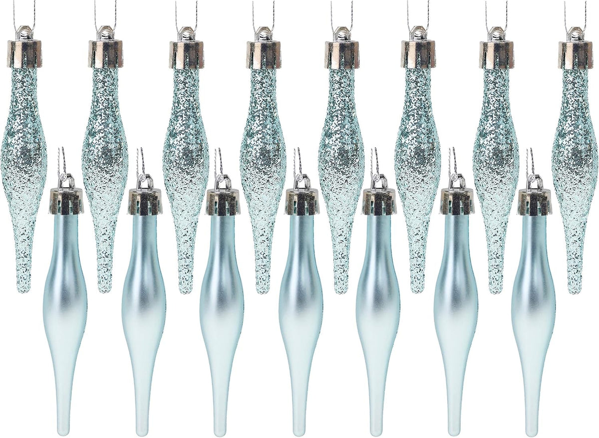 Droplet Baubles, Matte & Glitter, Ice Blue, Pack of 15
