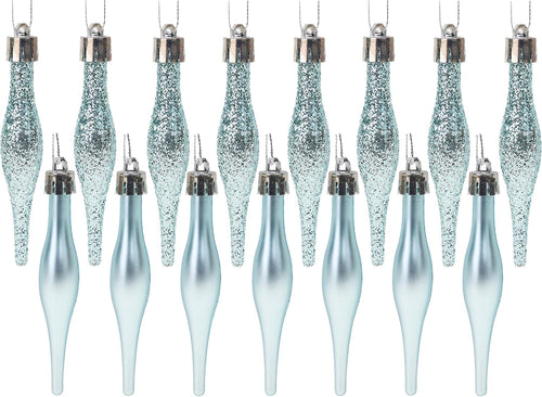 Droplet Baubles, Matte & Glitter, Ice Blue, Pack of 15