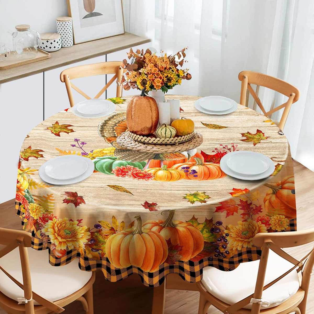 Thanksgiving Tablecloth, Thanksgiving Turkey Table Cloth Rectangle 60 X 120, Pumpkins with Fall Leaves Tablecloths Rustic Holiday Table Cover Thanksgiving Decorations for Dining Room Kitchen Outdoor