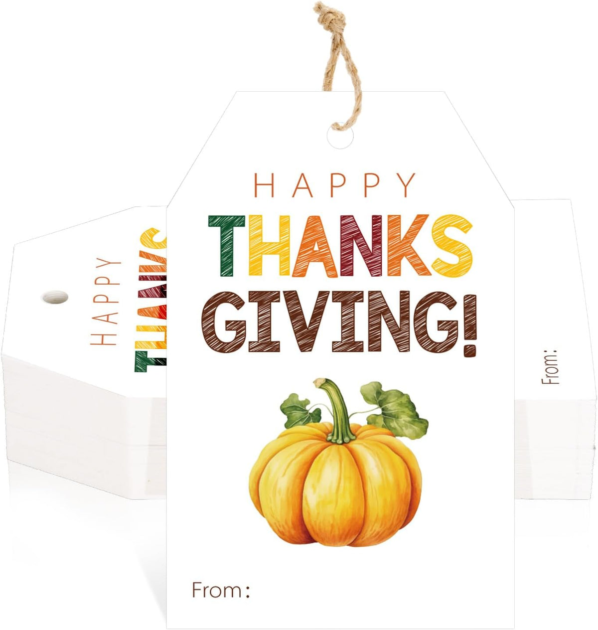 Thanksgiving Tags with String - 50Pcs Happy Thanksgiving Gift Tag, 3.3X2.1In Fall Pumpkin Name Labels Tags for Thanksgiving Gift Wrap, Party Favors, Greeting Cards, Candy Bags