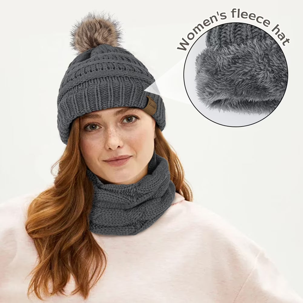 3 Pcs Women Winter Hat and Gloves Sets, Beanies Knit Classic Neck Warmer and Touchscreen Gloves Gray