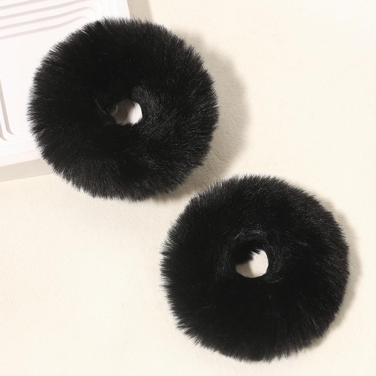 2Pcs Pack Furry Faux Rabbit Fur Hair Scrunchies Artificial Fur Hair Bobbles Elastic Hair Band Rope Wristband Ponytail Accessories Black