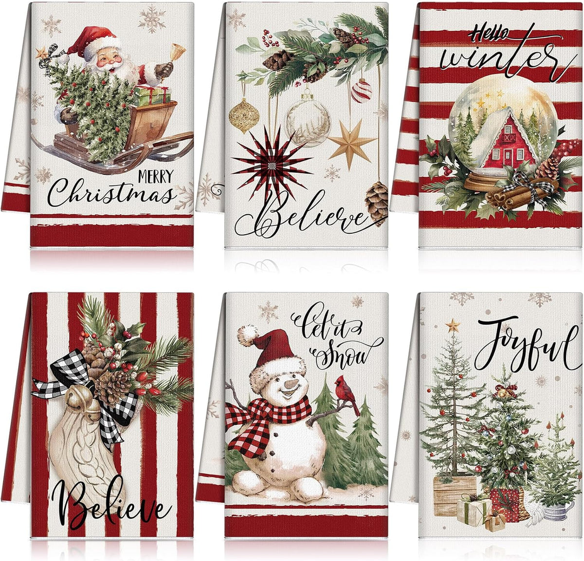 6 Pcs Christmas Kitchen Towels Red White Snowman Winter Dish Towel