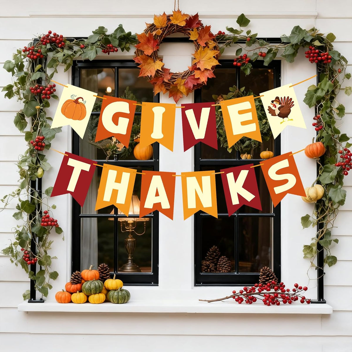 Thanksgiving Decorations - GIVE THANKS Banner, Friendsgiving Party Decorations, Thanksgiving Decor for Room Office Bedroom Mantel Wall Bulletin Board