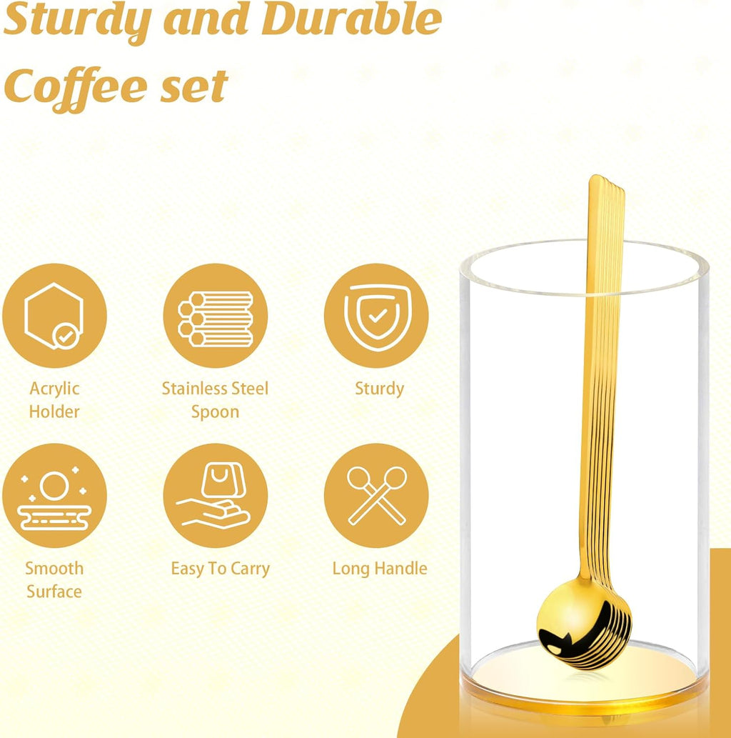 6 Pcs 6.7 Inches Coffee Spoons with Gold Base Holder Tea Spoons Long Handle Espresso Spoons Gold Coffee Stir Spoons Set Ice Tea Spoons Bulk Dessert Spoons Stainless Steel for Coffee Bar Tea Party