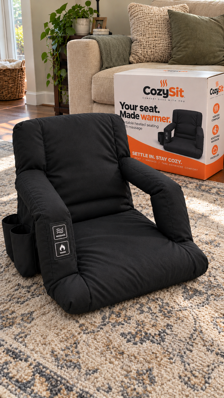 CozySit heated seat unboxed in a living room