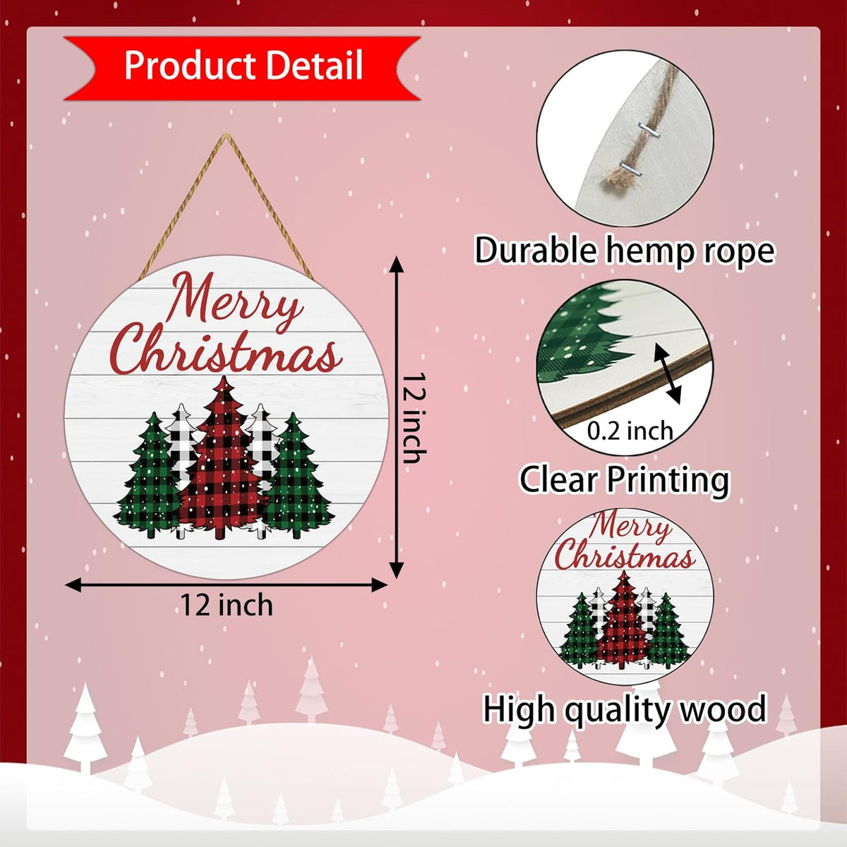 Buffalo Plaid Merry Christmas Wooden Door Sign, 12" – view 2