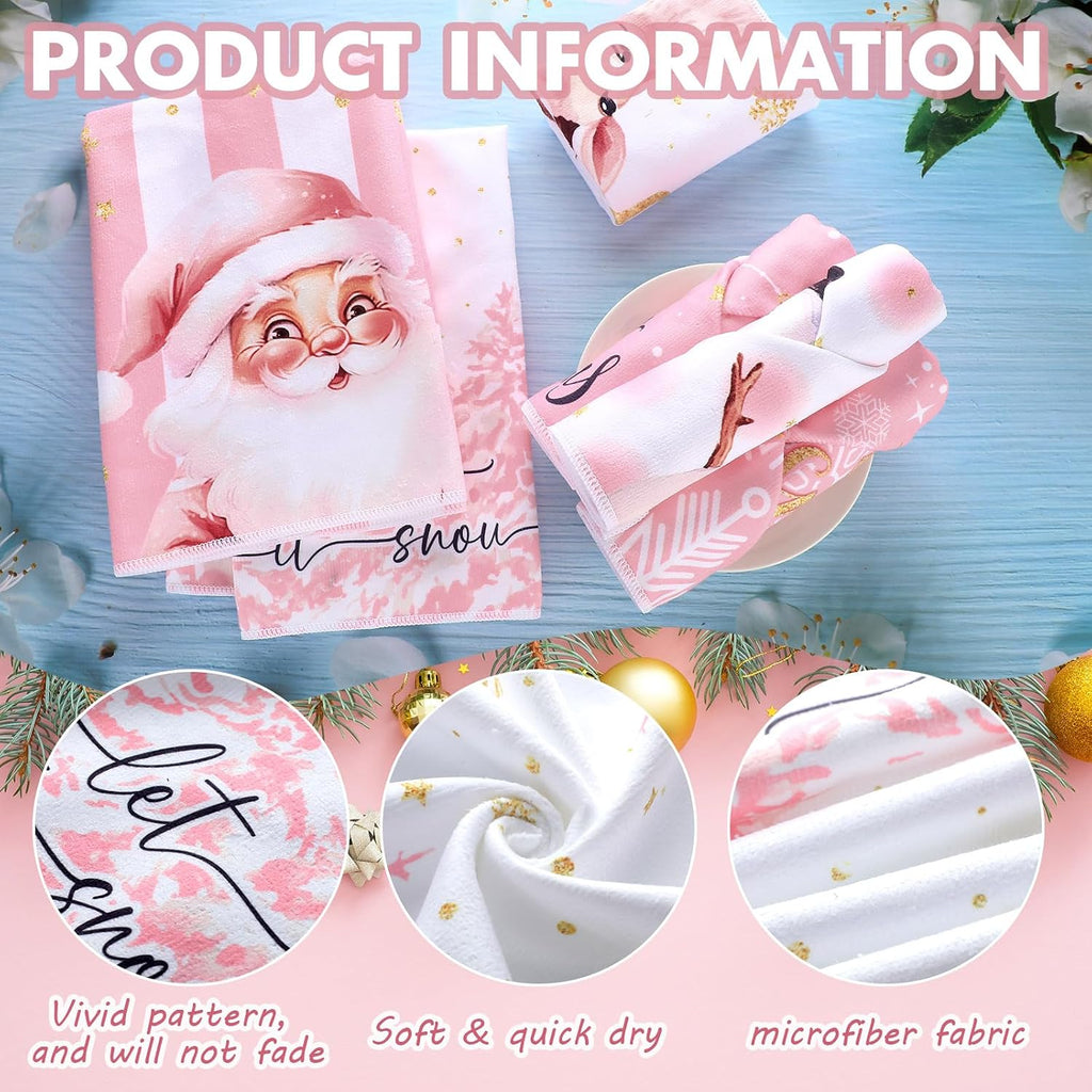 6 Pcs Pink Christmas Kitchen Towels Winter Snowman Santa Dish Towel