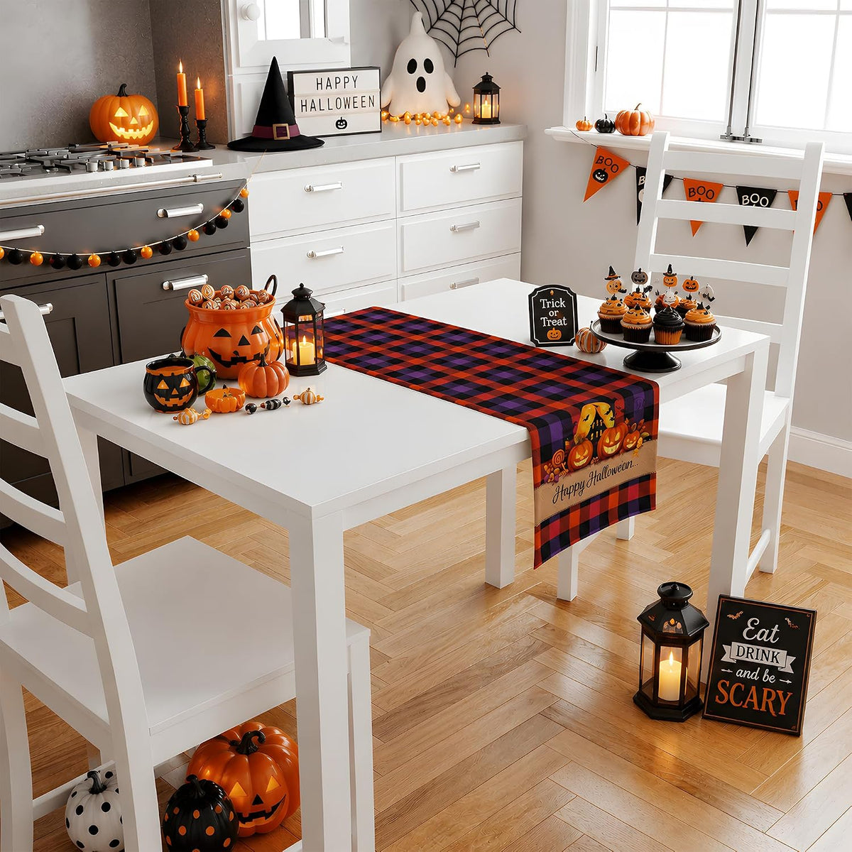 Halloween Decorations - Happy Halloween Checkered Table Runner | Halloween Party Favors Home Decor - Halloween Tablecloth Backdrop for Fall Kitchen Dining Indoor Outdoor Decorations
