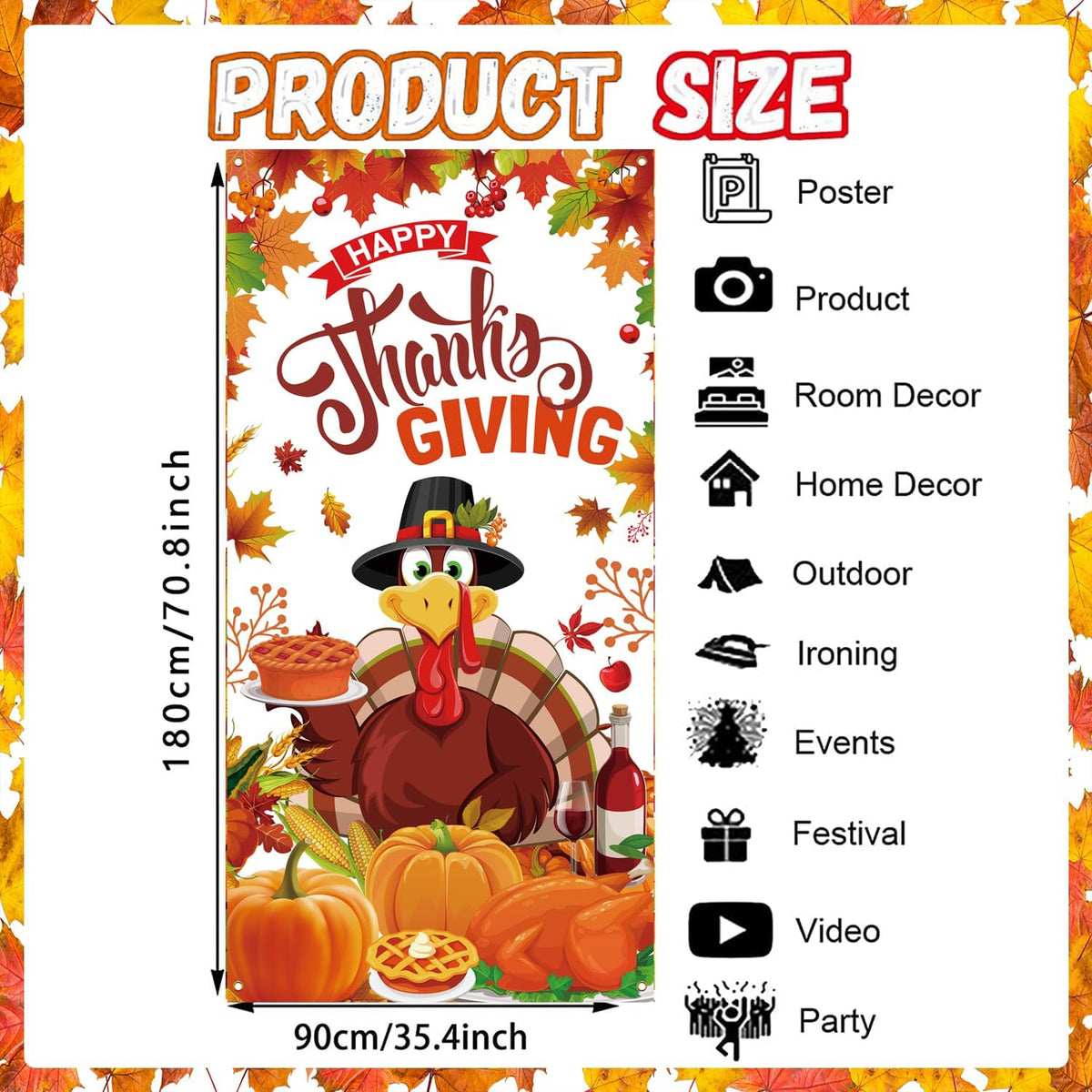 Happy Thanksgiving Door Cover for Fall Thanksgiving Party Decorations,71X35 Inch