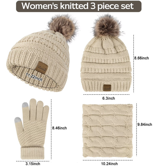 3 Pcs Women Winter Hat and Gloves Sets, Beanies Knit Classic Neck Warmer and Touchscreen Gloves Beige