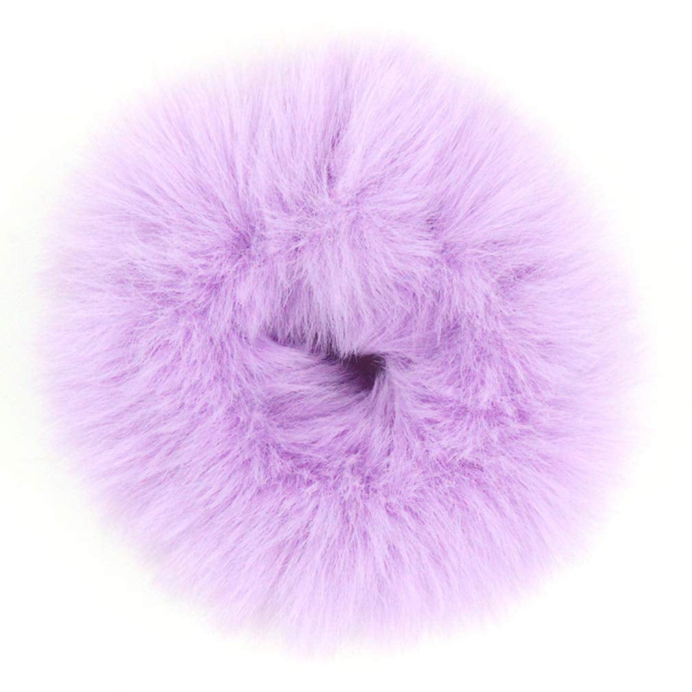 2Pcs Pack Furry Faux Rabbit Fur Hair Scrunchies Artificial Fur Hair Bobbles Elastic Hair Band Rope Wristband Ponytail Accessories Lilac