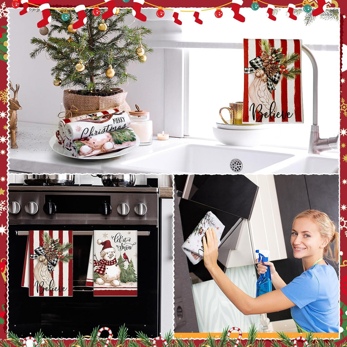 6 Pcs Christmas Kitchen Towels Red White Snowman Winter Dish Towel