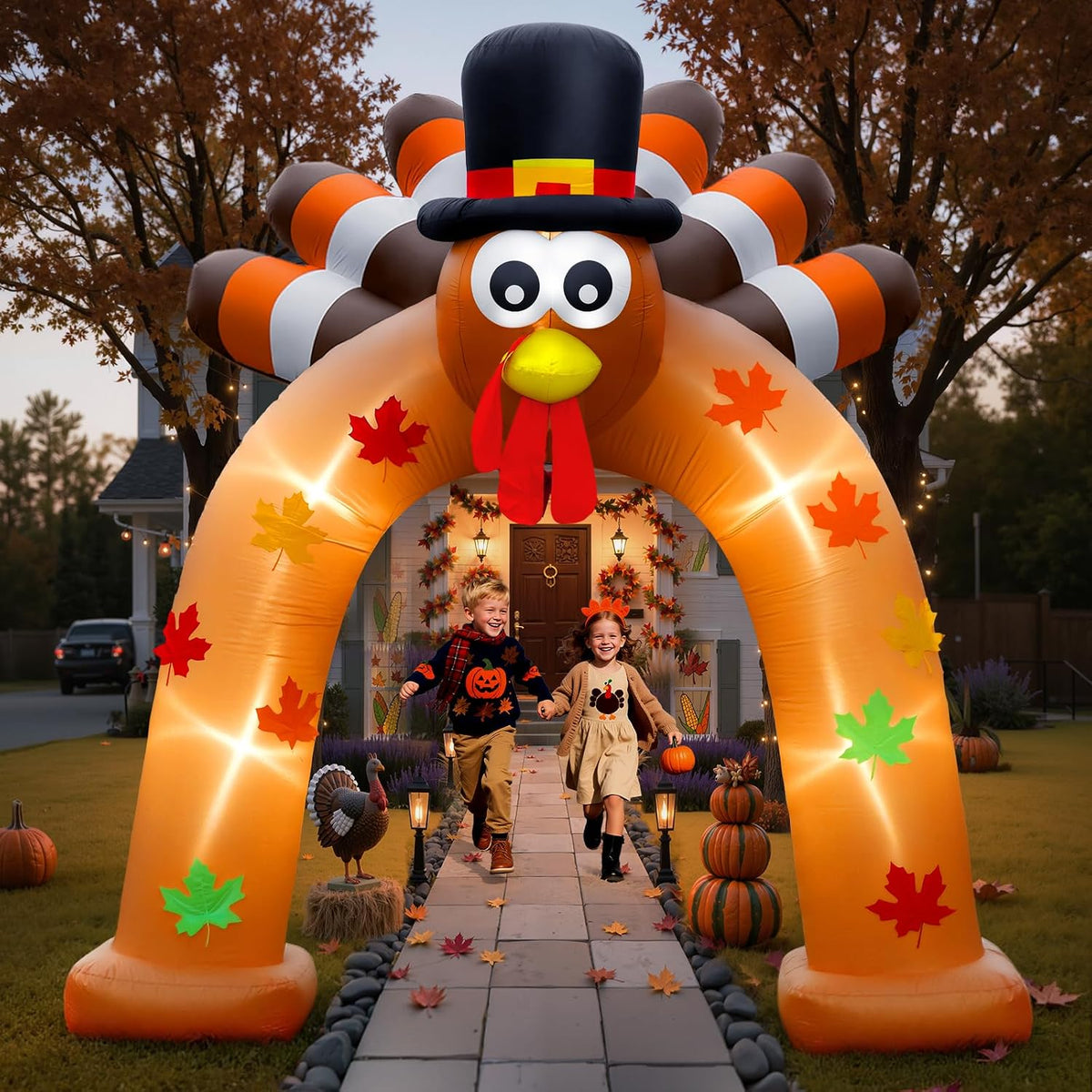 9FT Thanksgiving Inflatable Turkey Arch Thanksgiving Inflatables Outdoor Decorations Blow Ups Turkey Archway with Leds for Yard Decor