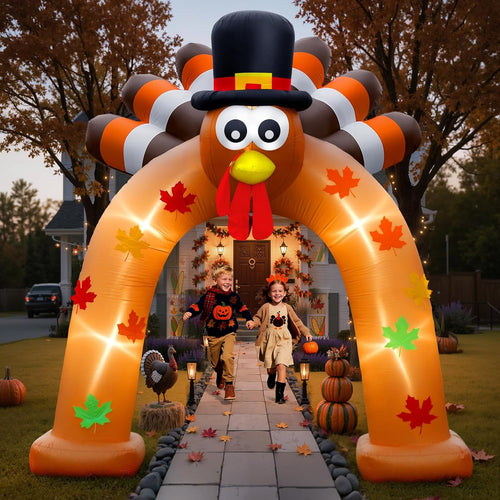 9FT Thanksgiving Inflatable Turkey Arch Thanksgiving Inflatables Outdoor Decorations Blow Ups Turkey Archway with Leds for Yard Decor