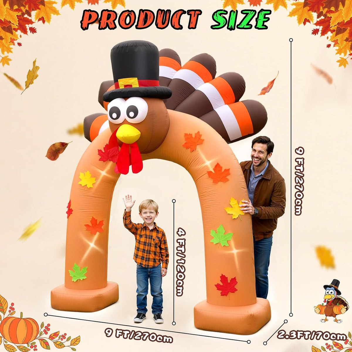 9FT Thanksgiving Inflatable Turkey Arch Thanksgiving Inflatables Outdoor Decorations Blow Ups Turkey Archway with Leds for Yard Decor