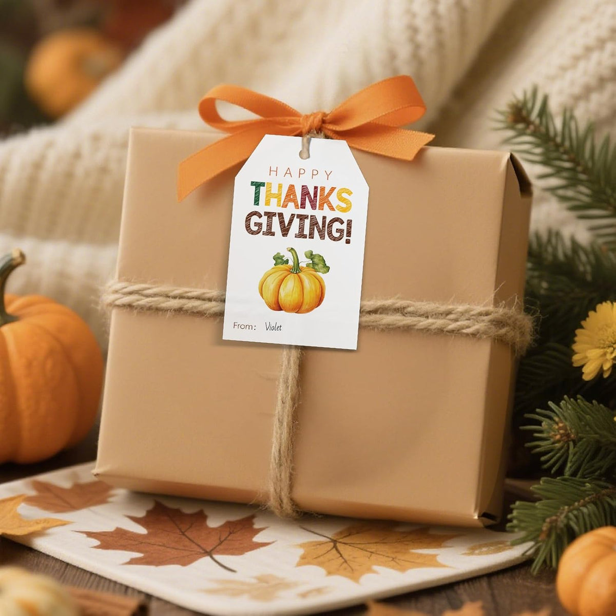 Thanksgiving Tags with String - 50Pcs Happy Thanksgiving Gift Tag, 3.3X2.1In Fall Pumpkin Name Labels Tags for Thanksgiving Gift Wrap, Party Favors, Greeting Cards, Candy Bags