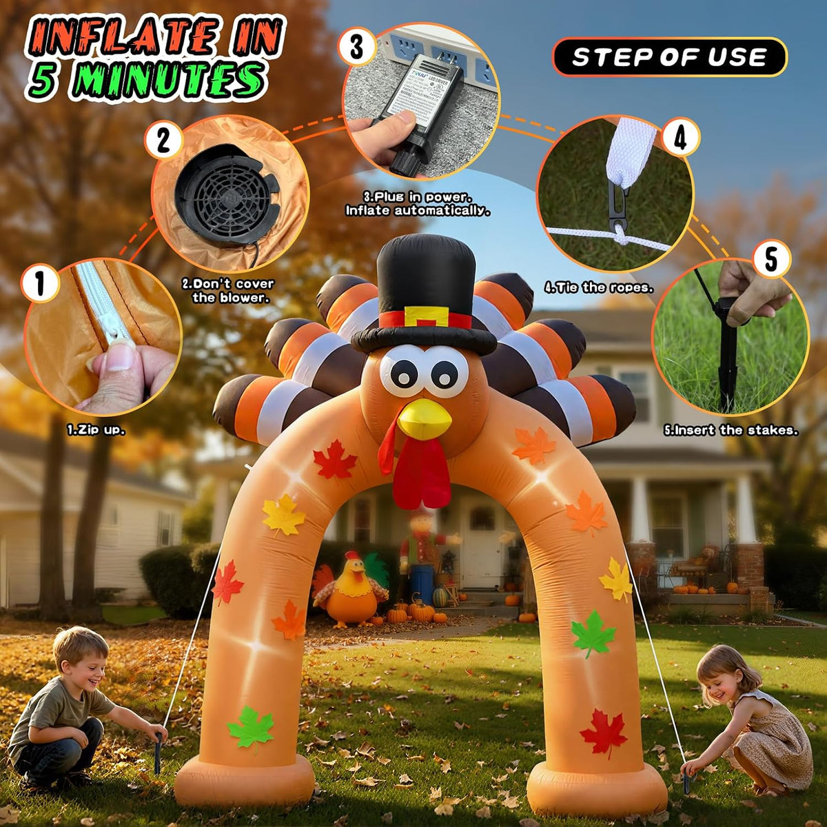 9FT Thanksgiving Inflatable Turkey Arch Thanksgiving Inflatables Outdoor Decorations Blow Ups Turkey Archway with Leds for Yard Decor