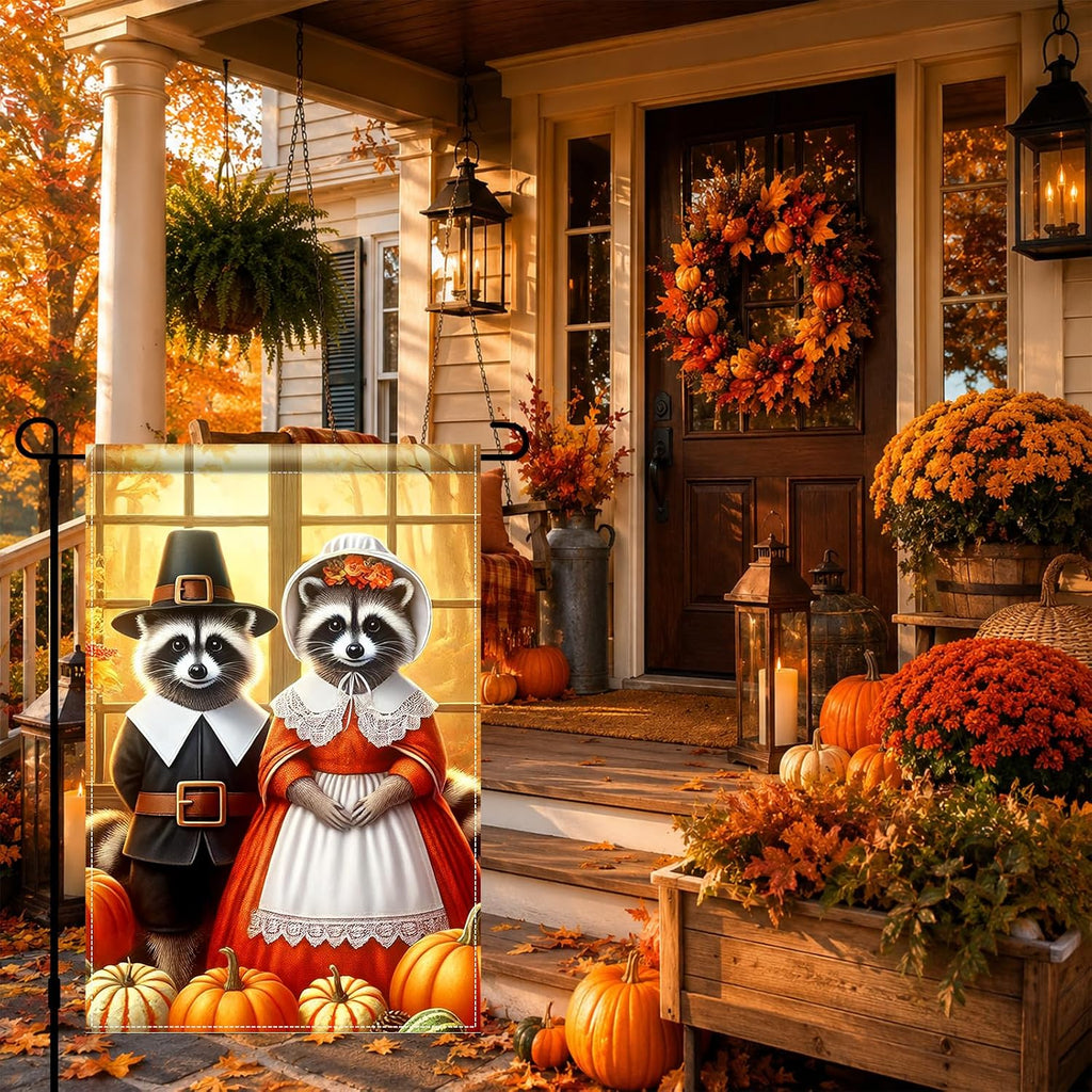 Thanksgiving Fall Garden Flag Raccoon Pumpkin 12X18 Inch Decor