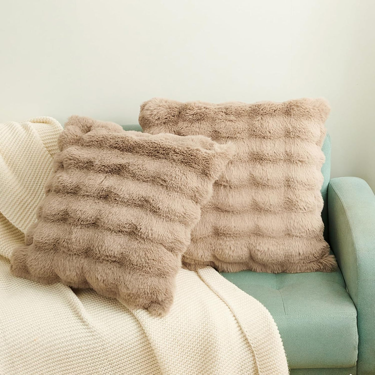 Faux Rabbit Fur Pillow Covers, 18×18, Taupe, Set of 2