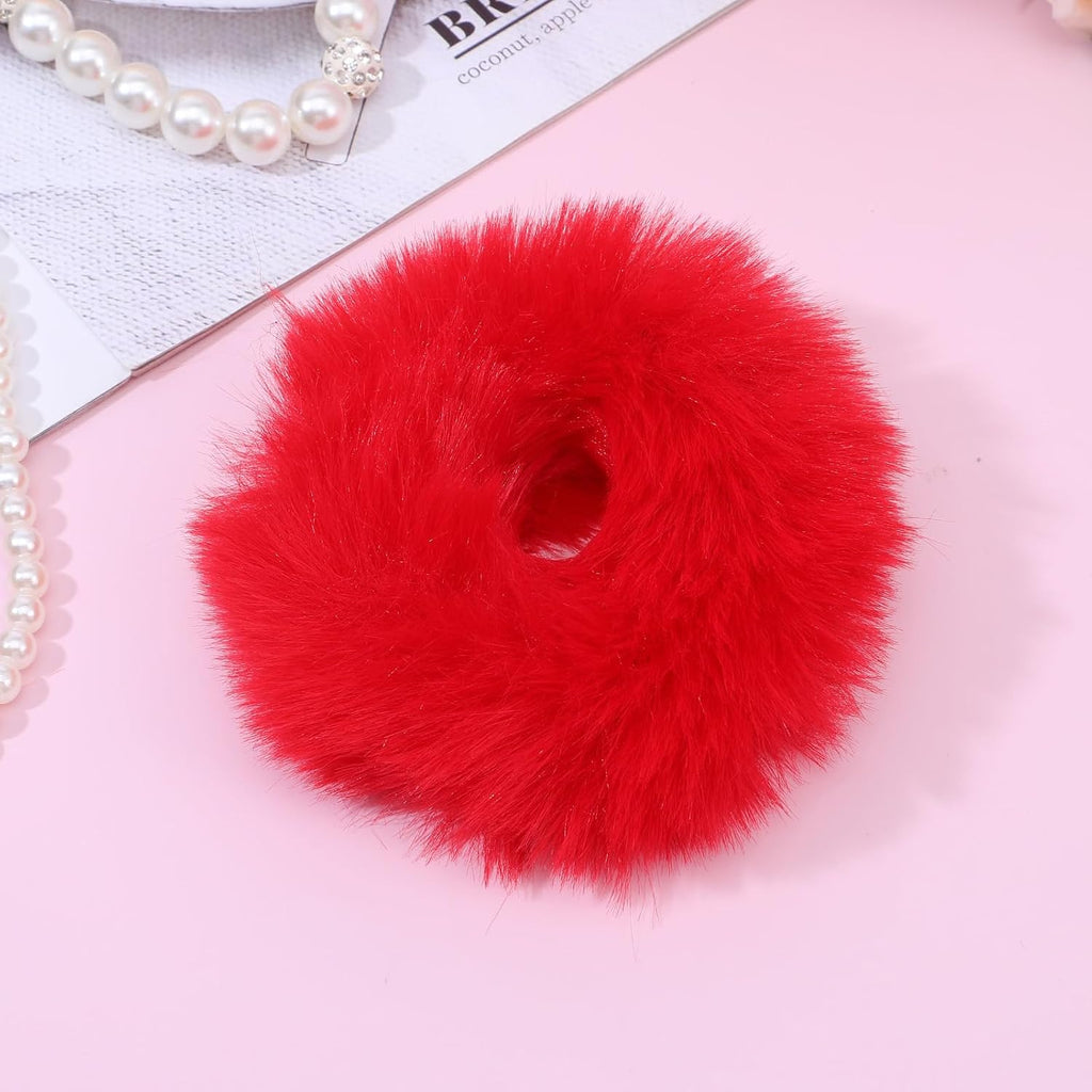 2Pcs Red Pompom Hair Tie, Furry Faux Rabbit Fur Fuzzy Scrunchies, Red Fuzzy Hair Ties Baby Hairs Ties Ponytail Holders Pom for Girl Women Christmas