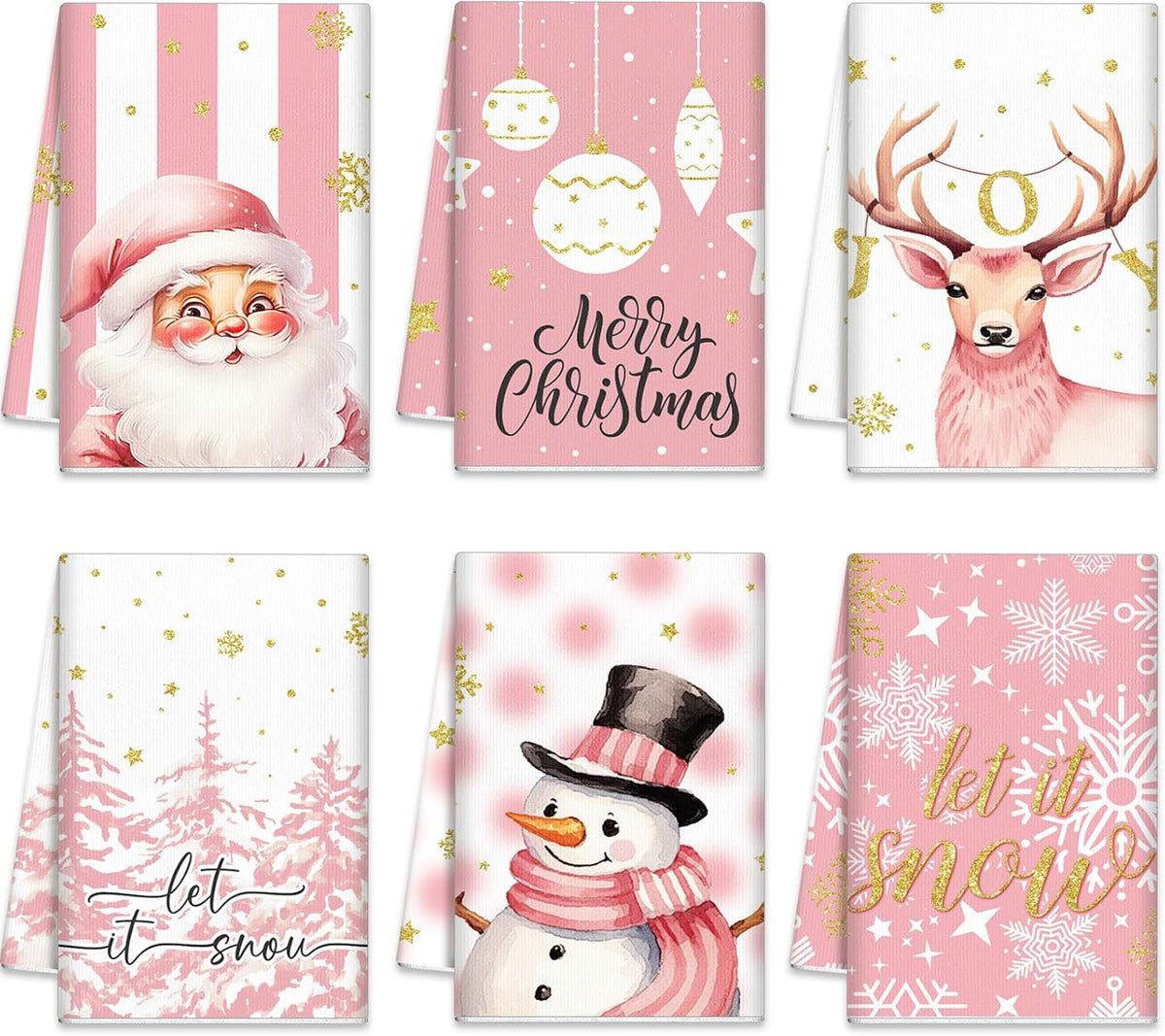 6 Pcs Pink Christmas Kitchen Towels Winter Snowman Santa Dish Towel