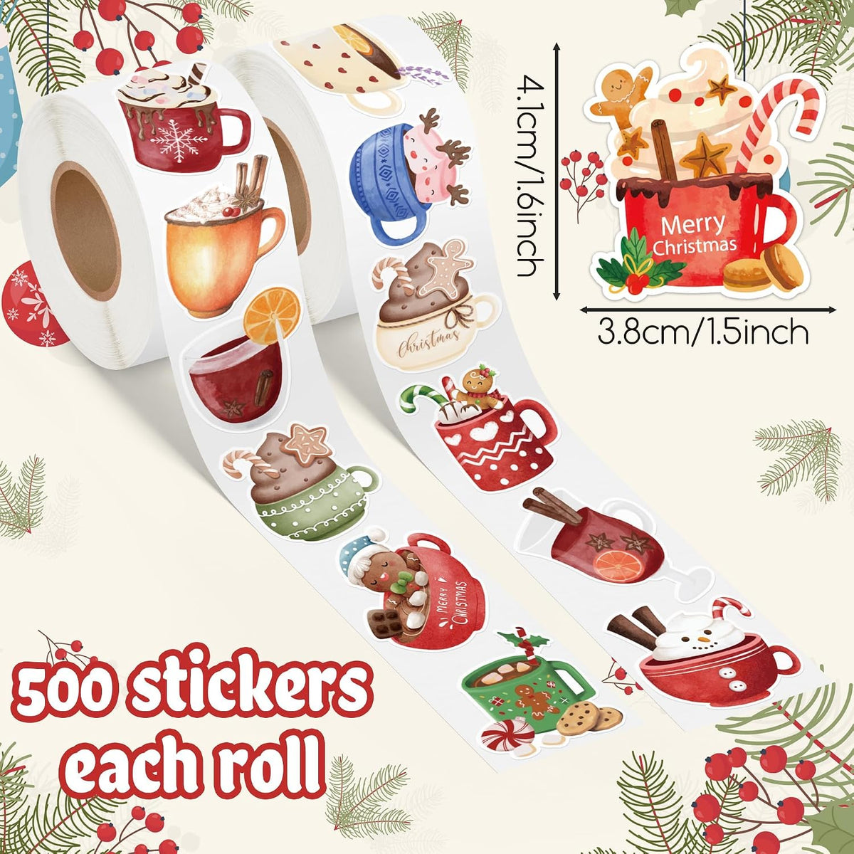 Christmas Hot Cocoa Stickers, 1000 Pcs Watercolor Hot Cocoa Milk Mug