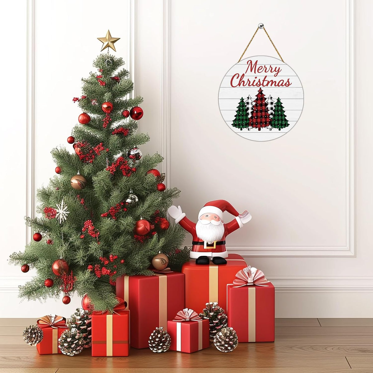 Buffalo Plaid Merry Christmas Wooden Door Sign, 12" – view 6
