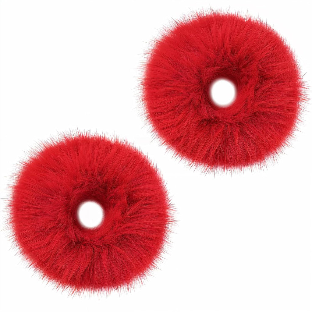2Pcs Red Pompom Hair Tie, Furry Faux Rabbit Fur Fuzzy Scrunchies, Red Fuzzy Hair Ties Baby Hairs Ties Ponytail Holders Pom for Girl Women Christmas