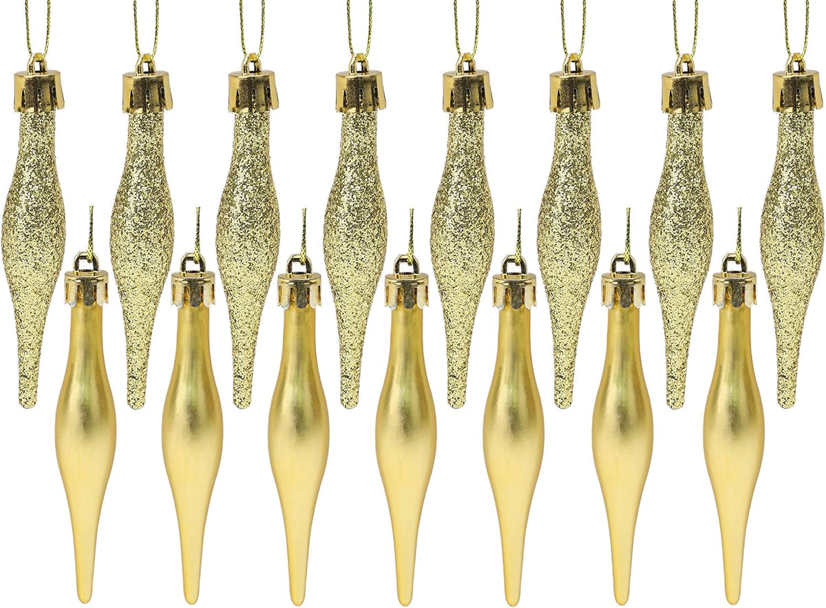 Droplet Baubles, Matte & Glitter, Gold, Pack of 15