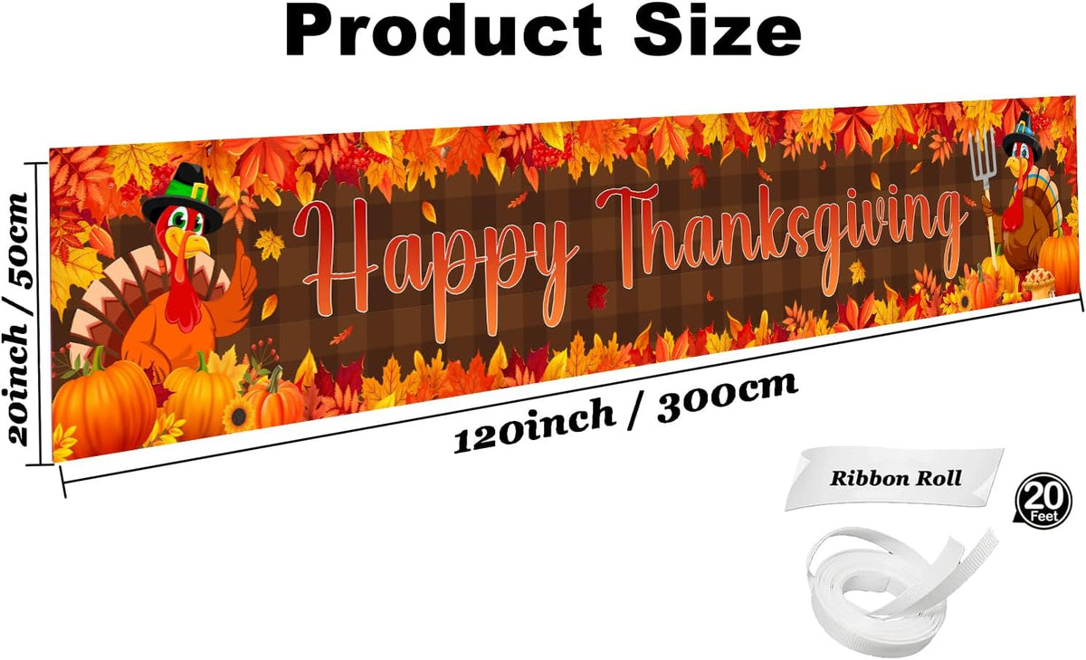 Large Happy Thanksgiving Banner, Turkey Maple Leaf Pumpkin Thanksgiving Fence Yard Lawn Banner Outdoor Decorations Party Supplies